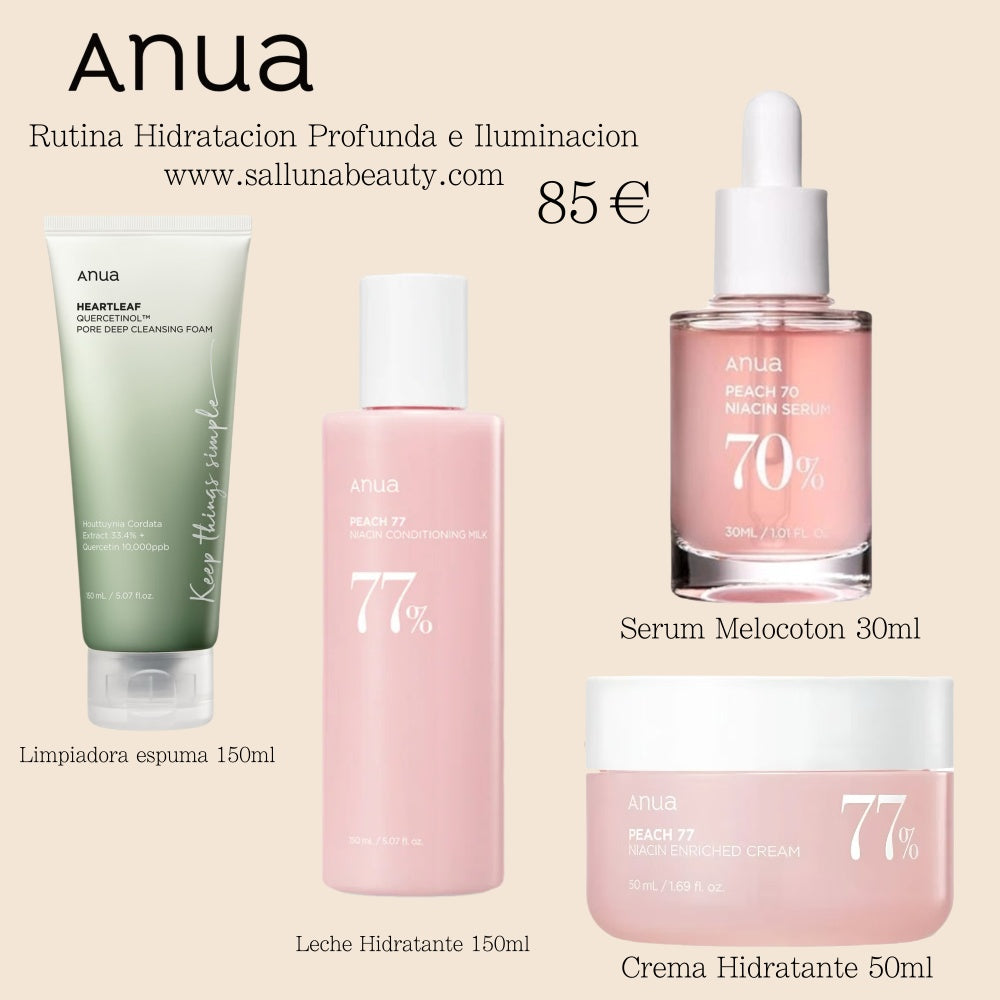 Pack ANUA – Rutina de Hidratación Profunda e Iluminación (Espuma Limpiadora 150ml + Leche Hidratante 150ml + Sérum Melocotón 30ml + Crema Hidratante 50ml)