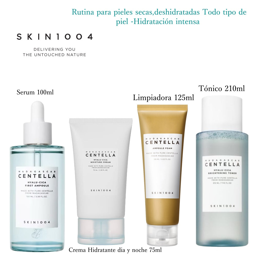 SKIN1004 - Rutina Intensa de Hidratación con Centella + Ácido Hialurónico 🌀 4Productos | Piel Seca/Deshidratada | Reparación de Barrera | 100% Vegano"